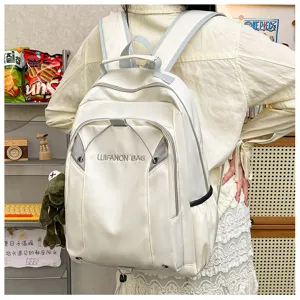 Detailed view of casual white student backpack, lightweight waterproof campus bookbag with pockets