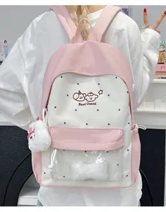 Cute sweet pink white school backpack with transparent pocket and plush pendant.