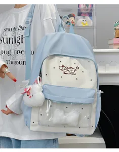 Cute college style contrast color backpack with transparent window and sweet plush pendant for daily use.