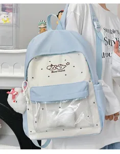 Cute pastel blue ita backpack with transparent front pocket and kawaii embroidery details.