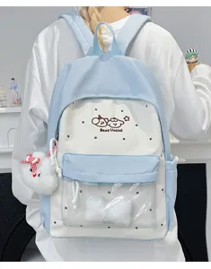 Cute college style blue white polka dot backpack transparent ita bag for daily school students.