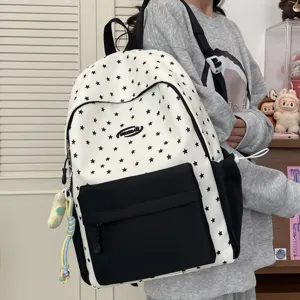 Women Casual Nylon School Backpack Star Print Waterproof Large Capacity Bookbag Student Travel Daypack