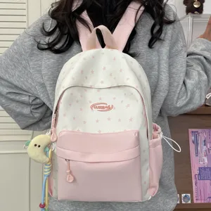 Cute pink star canvas backpack for school girls, sweet style casual dual shoulder bag.