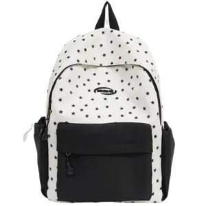 Casual white canvas backpack with black star pattern, stylish school bag for teen girls and students.