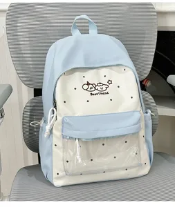 Cute student school backpack with transparent front pocket light blue polka dot ita backpack