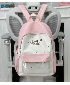 Pink white polka dot school backpack with clear front pocket for daily casual use