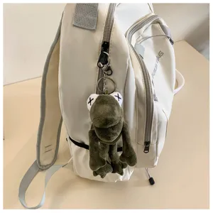 Backpack detail view showing white waterproof fabric, zippers and a cute green frog plush toy.