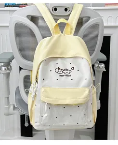 Cute college school bag for girls transparent ita backpack detail view showing yellow and white.