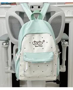 Cute mint green student backpack with clear front pocket detail, perfect for school and daily use.