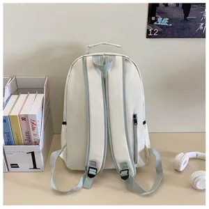 Backpack detail view showing straps and back design, clean minimalist style for students.