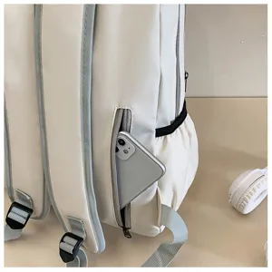 Lightweight minimalist women's travel backpack detail, waterproof campus school bag with pocket.