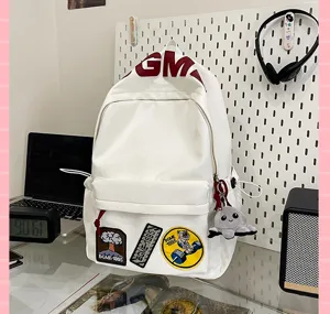 Korean style canvas school backpack large capacity casual daypack for teenage students white