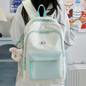 Cute color block canvas backpack with blue stars for teen girls school bag stylish daily daypack