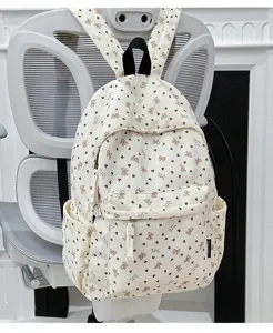 Corduroy school backpack for women and girls, cute heart bow print casual daypack, lightweight travel bag.