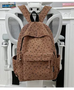 Corduroy heart print casual school backpack for women daily travel lightweight daypack