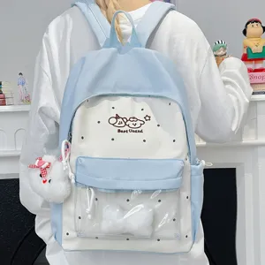Transparent Ita Backpack Cute Polka Dot School Bag Casual Daypack With Clear Window And Plush Pendant For Teen Girls