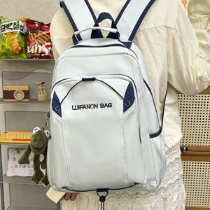 Casual waterproof white and blue canvas backpack for women large capacity school book bag