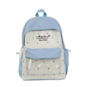 Cute college student backpack with clear front pocket, polka dot canvas school bag for girls