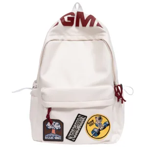 Large capacity canvas backpack for students, stylish white school bag with cute embroidered patches.