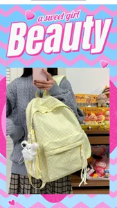 Yellow plaid school backpack for women and girls, stylish casual daypack with cute bear pendant.