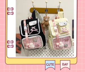 Cute Japanese style canvas ita bag with clear front pocket for enamel pins and displays.