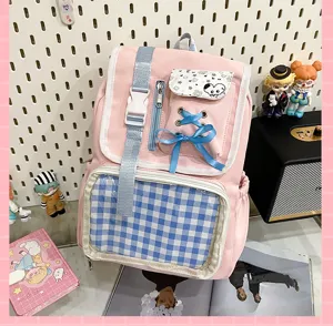 Japanese style pink canvas ita backpack with transparent window, cute casual school bag.