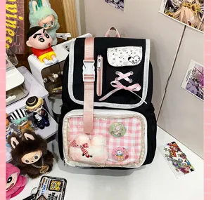 Japanese style black pink ita bag canvas casual backpack with transparent window and cute charms.