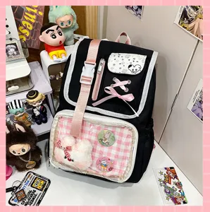 Casual Japanese style canvas backpack with clear transparent pocket for ita bag display, cute daily.