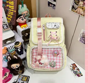 Kawaii Japanese style pastel yellow ita backpack sweet canvas dual shoulder bag with clear window.