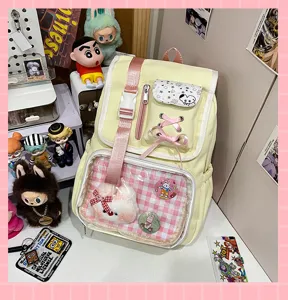 Sweet Japanese style yellow ita backpack with transparent front pocket and cute lace-up ribbon.