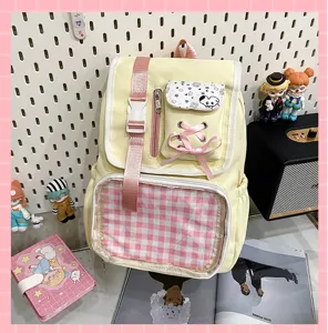 Japanese cute canvas backpack sweet pink itabag with clear window casual daily daypack for anime fans