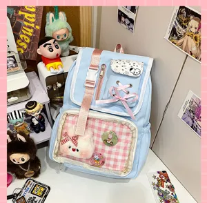 Japanese style cute light blue canvas backpack with clear front pocket ita bag aesthetic.
