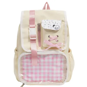 Japanese cute ita backpack kawaii beige school bag with transparent window pin display.