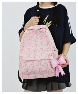 Pink corduroy backpack cute bow print school bag casual women daypack stylish bookbag
