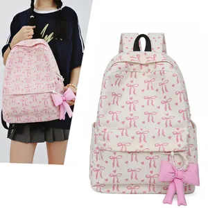 Japanese Ins Style Corduroy Backpack Women Vintage Bowknot Casual School Bag Cute Daily Travel Bookbag