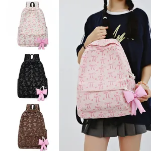Cute bow corduroy backpack for women, Japanese style casual school bookbag with charm.