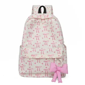 Cute Japanese style corduroy backpack with pink bow print, casual school bookbag