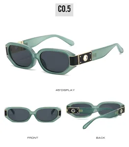 Close-up detail view of fashionable polygonal sunglasses with stylish metal temple decorations.