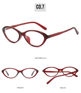 Red translucent cat eye glasses frame detail view showing multiple angles and clean design shape.