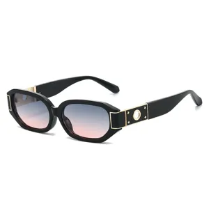 Trendy polygonal sunglasses for women with gradient lenses and metal hollow temple decor.