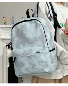 Korean style tie dye backpack detail view, stylish casual school bookbag for students.