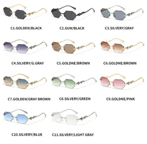 Rimless polygon sunglasses with luxury crystal metal temples for men and women UV400