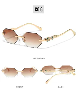 Unisex rimless polygonal gradient sunglasses with stylish snake temple design for wear
