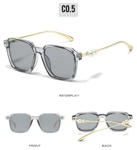 Détail de lunettes de soleil grises avec monture transparente, branches dorées et perles.