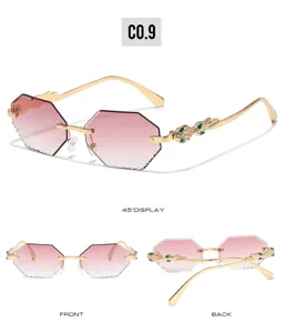 Polygon rimless sunglasses with pink gradient lenses and luxury gold snake temples for women.