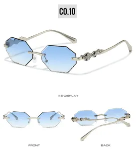 Rimless multi-sided gradient blue sunglasses with luxury rhinestone snake temples for daily wear.