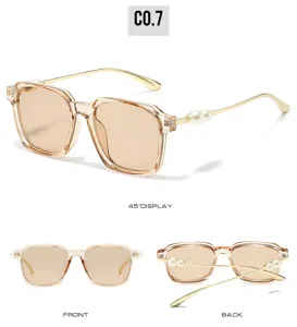 Vue détaillée de lunettes de soleil femme tendance à monture transparente et perles.