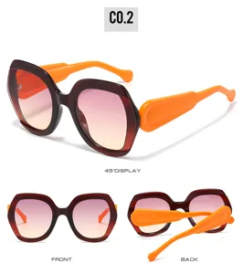 Cross-border fashion large frame hexagonal sunglasses with gradient lenses and bright orange temples.