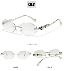 Stylish rimless polygonal sunglasses for men and women, featuring luxury animal temple decor.