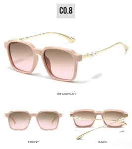 Vue détaillée de lunettes de soleil carrées chic avec verres dégradés et ornements de perles.